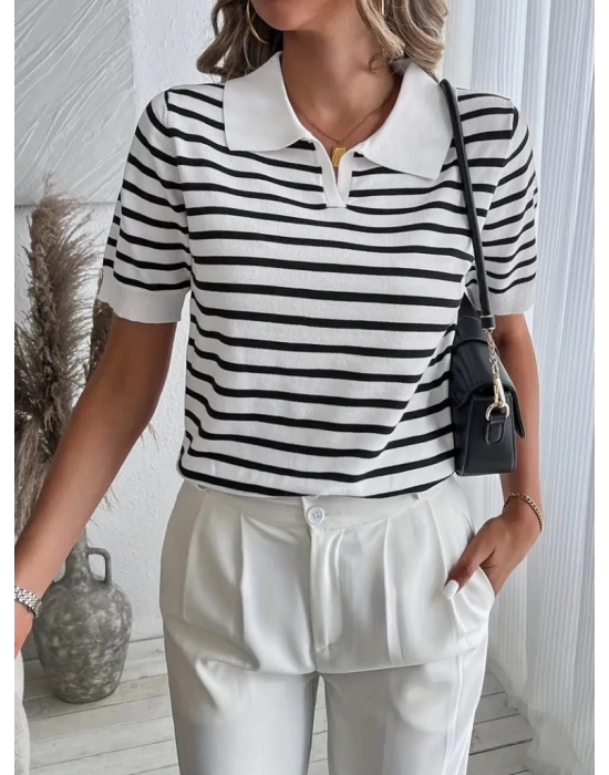 Kadın Kısa Kol Polo Yaka çizgi Desen Triko Bluz