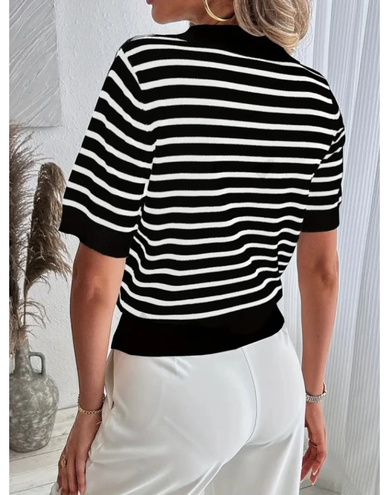 Kadın Kısa Kol Polo Yaka çizgi Desen Triko Bluz