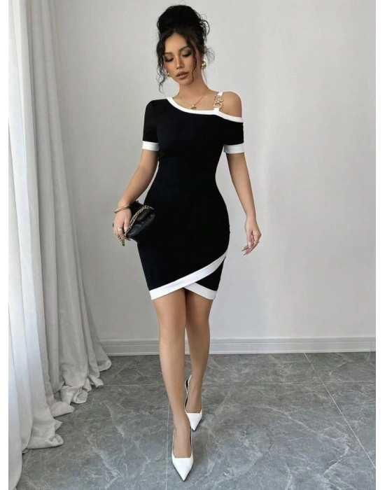 Kadın Kısa Kollu Asimetrik Kesim Yaka şerit Ve Aksesuar Detaylı Modal Elbise