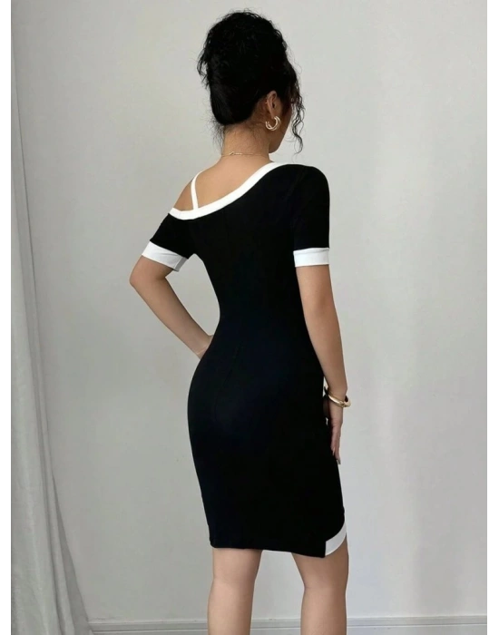 Kadın Kısa Kollu Asimetrik Kesim Yaka şerit Ve Aksesuar Detaylı Modal Elbise