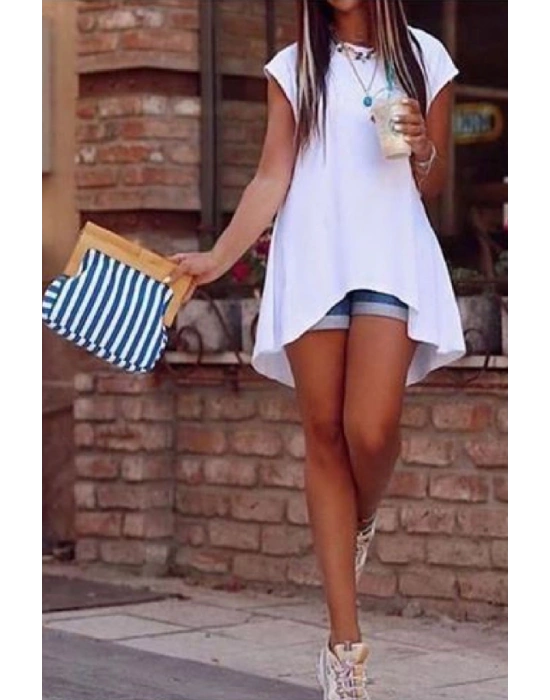 Kadın Kısa Kollu Asimetrik Viskon Kumaş Bluz