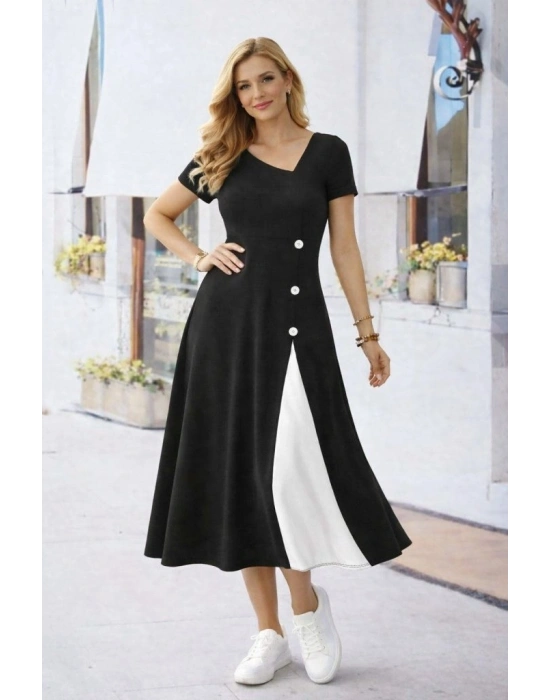 Kadın Kısa Kollu Asimetrik Yakalı Düğme Detaylı Midi Viskon Elbise