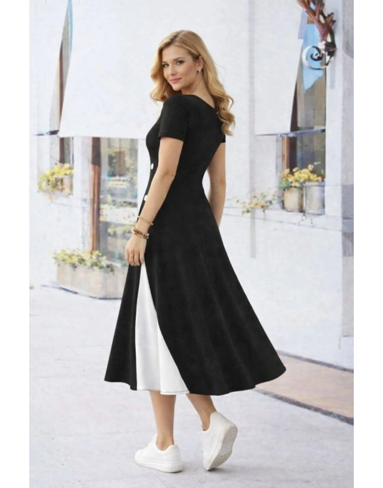 Kadın Kısa Kollu Asimetrik Yakalı Düğme Detaylı Midi Viskon Elbise