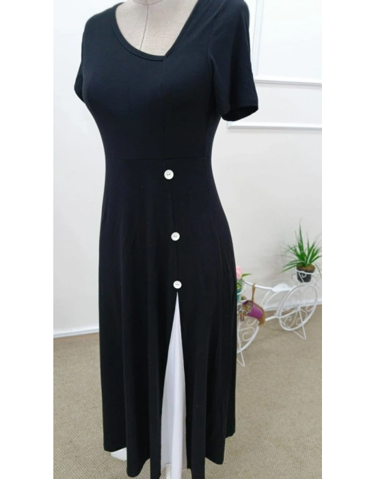 Kadın Kısa Kollu Asimetrik Yakalı Düğme Detaylı Midi Viskon Elbise