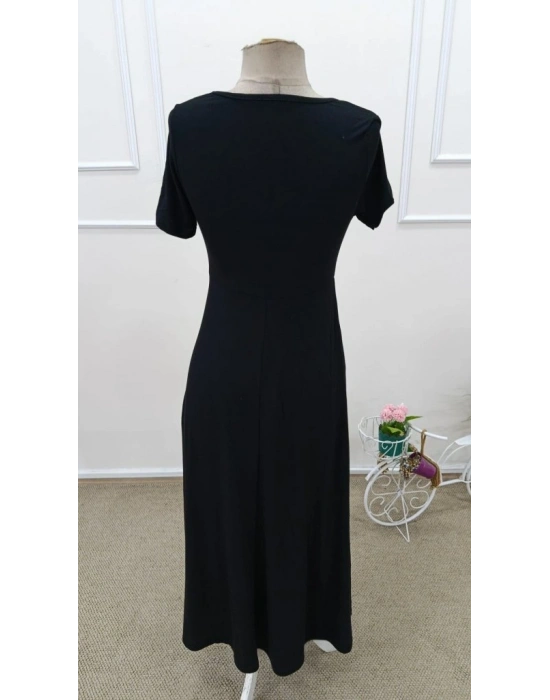 Kadın Kısa Kollu Asimetrik Yakalı Düğme Detaylı Midi Viskon Elbise