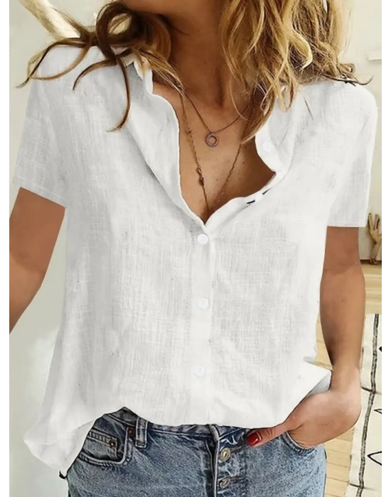 Kadın Kısa Kollu Basic Keten Gömlek