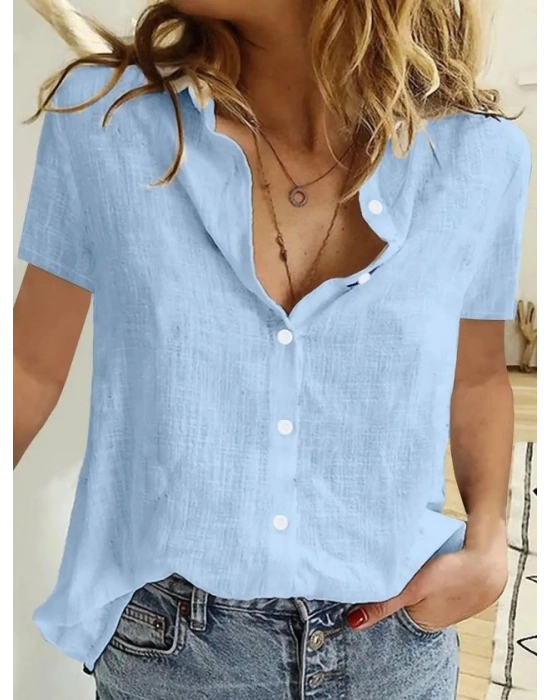 Kadın Kısa Kollu Basic Keten Gömlek