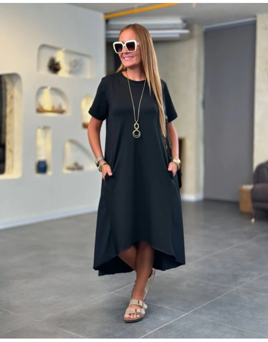 Kadın Kısa Kollu Bisiklet Yaka Asimetrik Kesim ön Viskon Arkası Trikoton Elbise