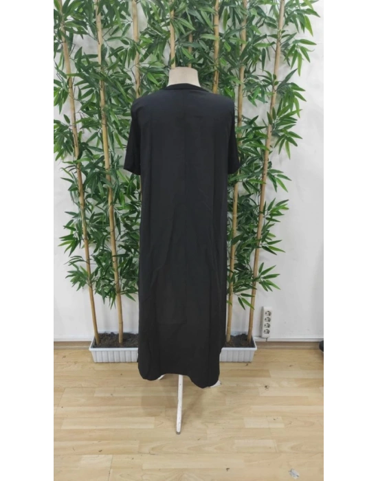 Kadın Kısa Kollu Bisiklet Yaka Asimetrik Kesim ön Viskon Arkası Trikoton Elbise