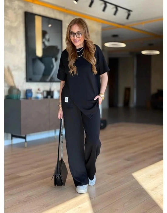 Kadın Kısa Kollu Bisiklet Yaka Asimetrik Viskon Iki Iplik Bluz Ve Pantolon Ikili Takım