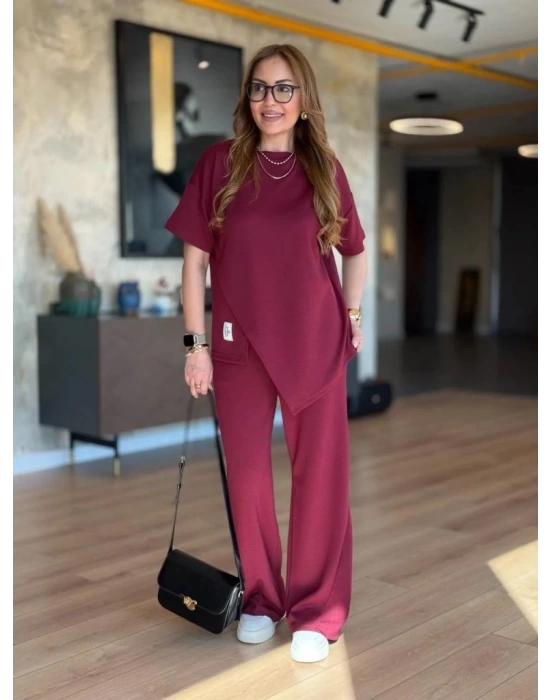 Kadın Kısa Kollu Bisiklet Yaka Asimetrik Viskon Iki Iplik Bluz Ve Pantolon Ikili Takım