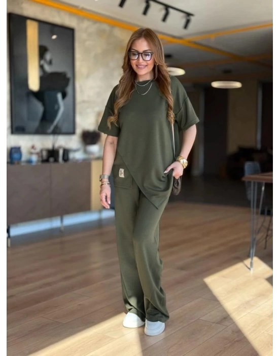 Kadın Kısa Kollu Bisiklet Yaka Asimetrik Viskon Iki Iplik Bluz Ve Pantolon Ikili Takım