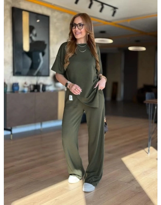 Kadın Kısa Kollu Bisiklet Yaka Asimetrik Viskon Iki Iplik Bluz Ve Pantolon Ikili Takım