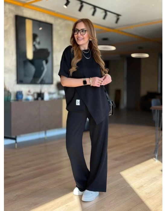 Kadın Kısa Kollu Bisiklet Yaka Asimetrik Viskon Iki Iplik Bluz Ve Pantolon Ikili Takım