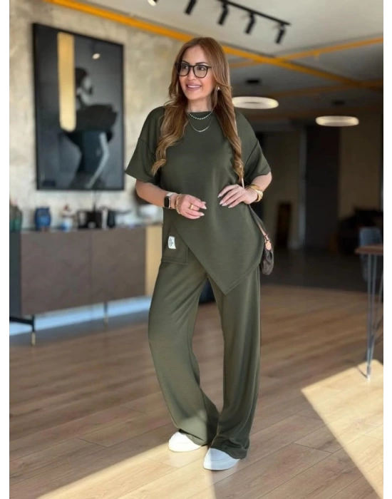 Kadın Kısa Kollu Bisiklet Yaka Asimetrik Viskon Iki Iplik Bluz Ve Pantolon Ikili Takım