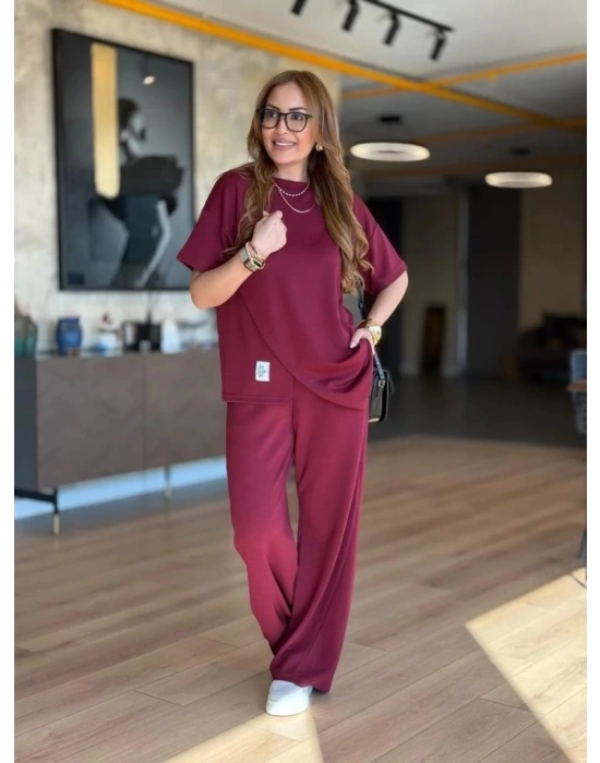 Kadın Kısa Kollu Bisiklet Yaka Asimetrik Viskon Iki Iplik Bluz Ve Pantolon Ikili Takım