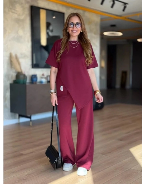 Kadın Kısa Kollu Bisiklet Yaka Asimetrik Viskon Iki Iplik Bluz Ve Pantolon Ikili Takım