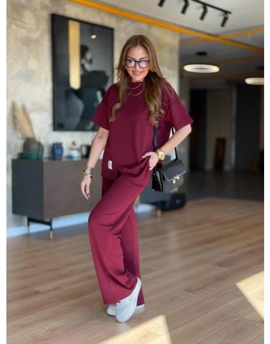 Kadın Kısa Kollu Bisiklet Yaka Asimetrik Viskon Iki Iplik Bluz Ve Pantolon Ikili Takım