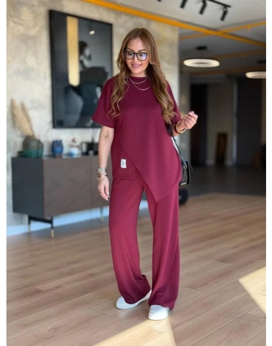 Kadın Kısa Kollu Bisiklet Yaka Asimetrik Viskon Iki Iplik Bluz Ve Pantolon Ikili Takım