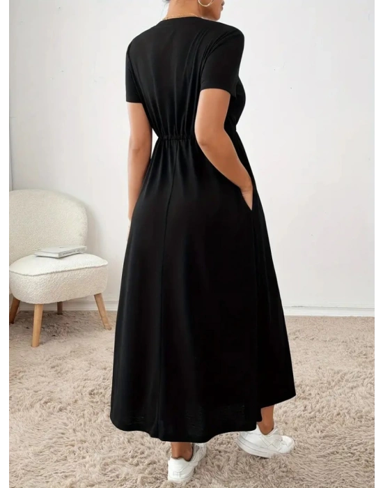 Kadın Kısa Kollu Bisiklet Yaka Belden Bağcıklı Cepli Viskon Elbise