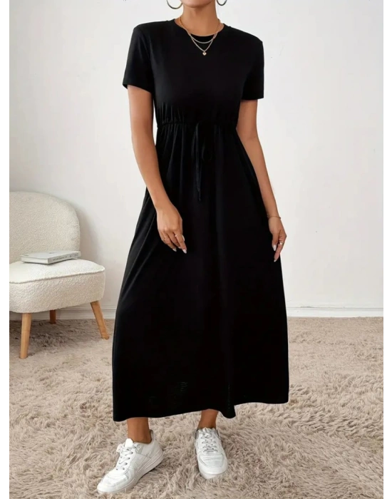 Kadın Kısa Kollu Bisiklet Yaka Belden Bağcıklı Cepli Viskon Elbise