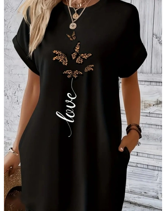 Kadın Kısa Kollu Bisiklet Yaka Cepli Kelebek Baskılı Viskon Elbise