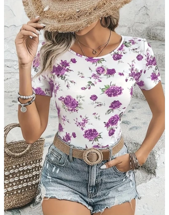 Kadın Kısa Kollu Bisiklet Yaka çiçek Baskılı Süprem Bluz