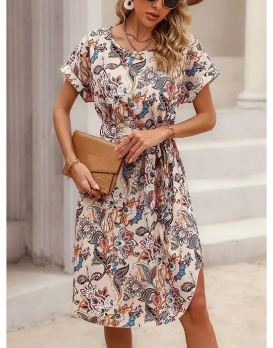 Kadın Kısa Kollu Bisiklet Yaka çiçek Desenli Kuşaklı Süprem Midi Elbise