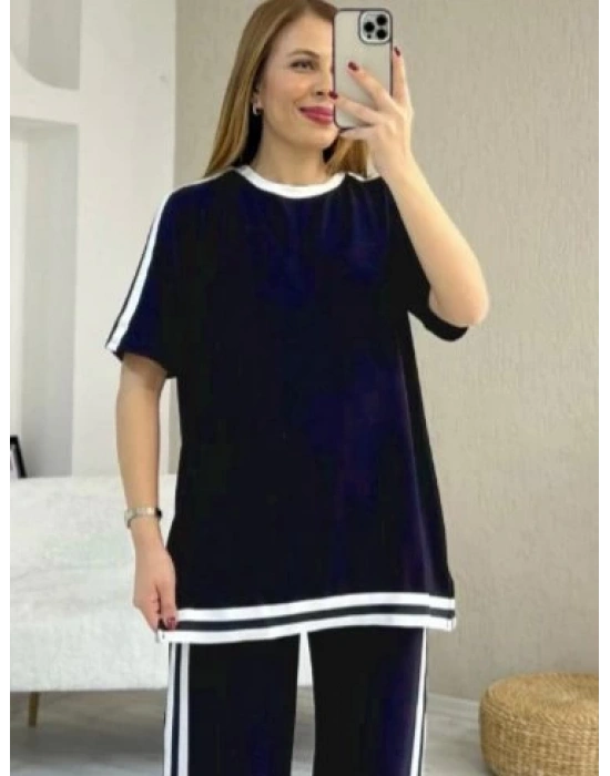 Kadın Kısa Kollu Bisiklet Yaka çift Renk şerit Detaylı Viskon Iki Iplik Bluz Ve Pantolon Ikili Takım