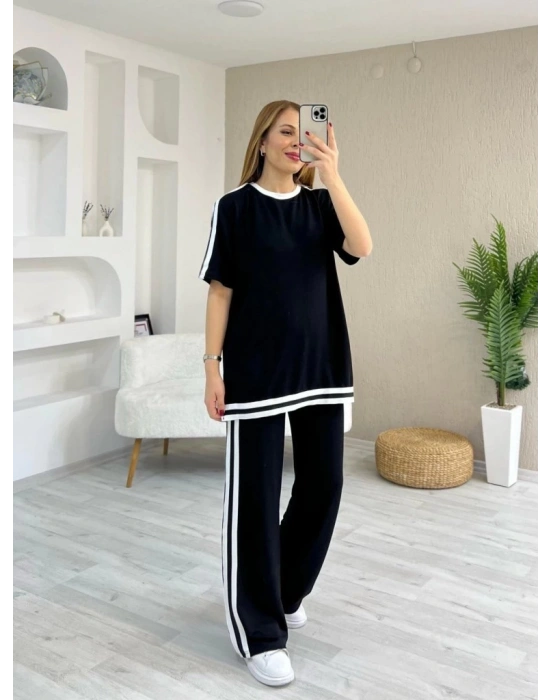 Kadın Kısa Kollu Bisiklet Yaka çift Renk şerit Detaylı Viskon Iki Iplik Bluz Ve Pantolon Ikili Takım