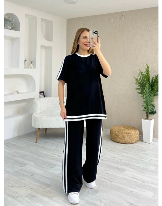 Kadın Kısa Kollu Bisiklet Yaka çift Renk şerit Detaylı Viskon Iki Iplik Bluz Ve Pantolon Ikili Takım