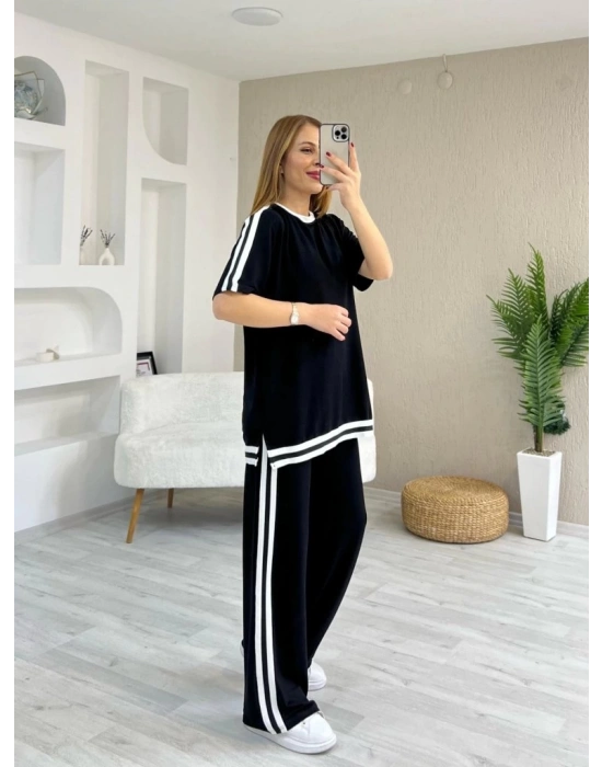 Kadın Kısa Kollu Bisiklet Yaka çift Renk şerit Detaylı Viskon Iki Iplik Bluz Ve Pantolon Ikili Takım