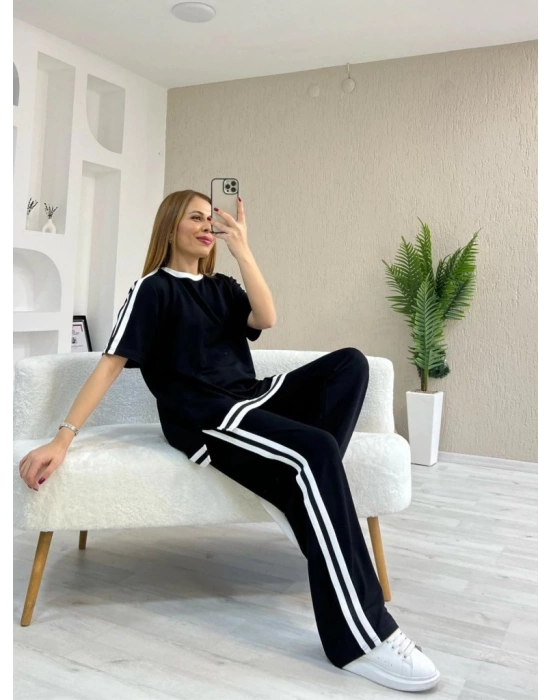 Kadın Kısa Kollu Bisiklet Yaka çift Renk şerit Detaylı Viskon Iki Iplik Bluz Ve Pantolon Ikili Takım