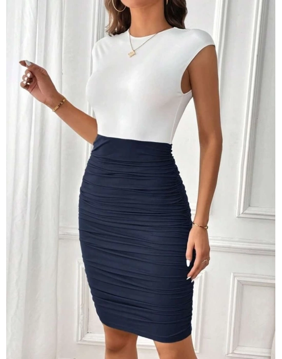 Kadın Kısa Kollu Bisiklet Yaka çift Renkli Eteği Büzgülü Kısa Dalgıç Elbise