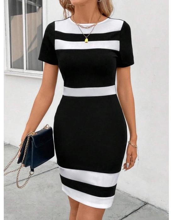 Kadın Kısa Kollu Bisiklet Yaka çift Renkli Ithal Krep Elbise