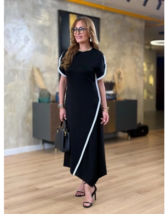 Kadın Kısa Kollu Bisiklet Yaka çift şerit Renk Detaylı Asimetrik Kesim Viskon Iki Iplik Elbise