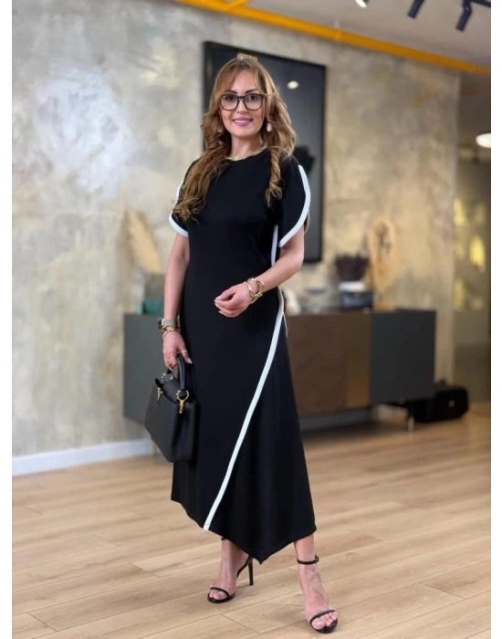 Kadın Kısa Kollu Bisiklet Yaka çift şerit Renk Detaylı Asimetrik Kesim Viskon Iki Iplik Elbise