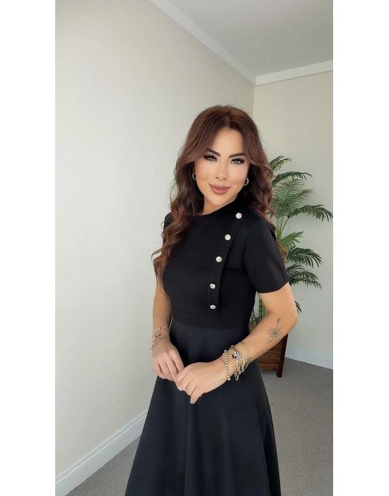 Kadın Kısa Kollu Bisiklet Yaka Gold Düğme Detay Midi Boy Elbise