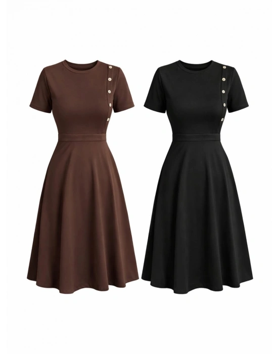 Kadın Kısa Kollu Bisiklet Yaka Gold Düğme Detay Midi Boy Elbise