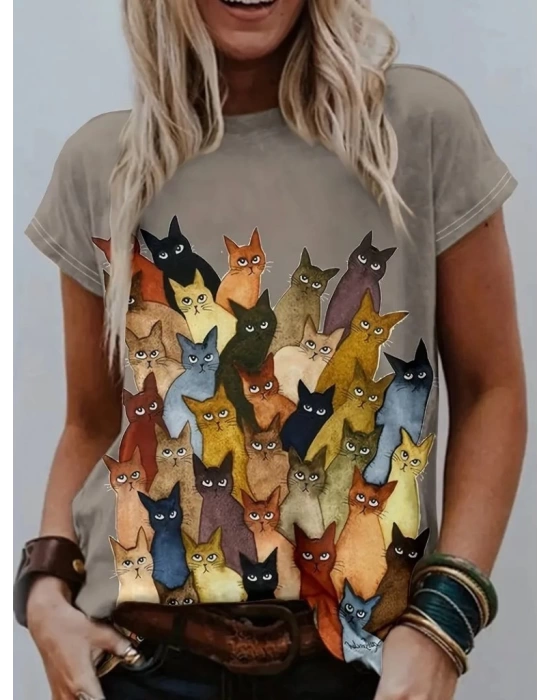 Kadın Kısa Kollu Bisiklet Yaka Kedi Desenli Süprem Bluz