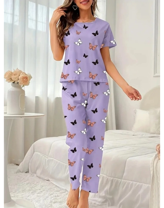 Kadın Kısa Kollu Bisiklet Yaka Kelebek Baskılı Süprem Ikili Takım