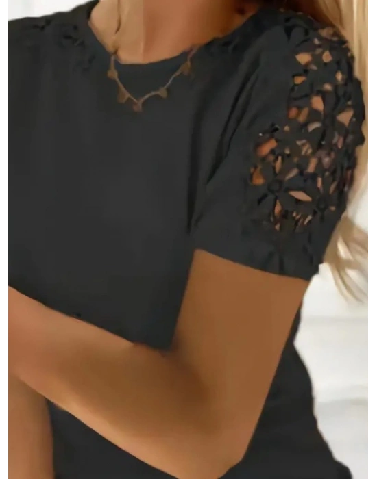 Kadın Kısa Kollu Bisiklet Yaka Kolları çiçekli Güpür Detay Viskon Bluz