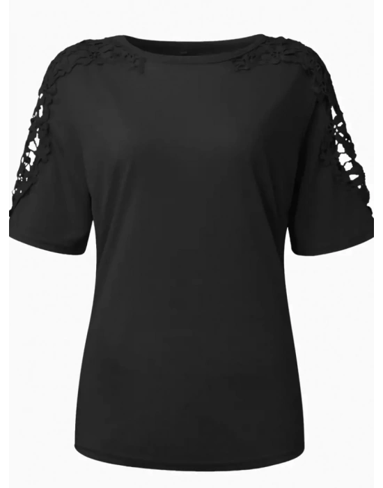 Kadın Kısa Kollu Bisiklet Yaka Kolları çiçekli Güpür Detay Viskon Bluz