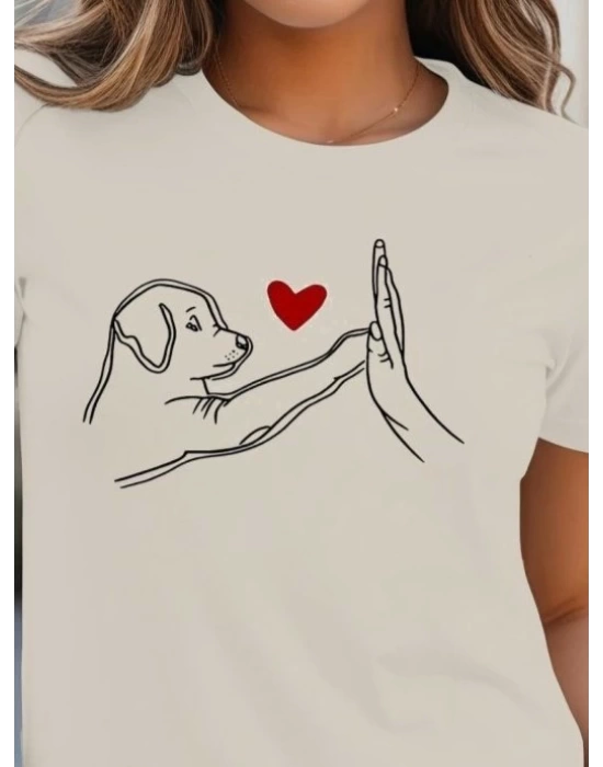 Kadın Kısa Kollu Bisiklet Yaka Köpek Baskılı Viskon Bluz
