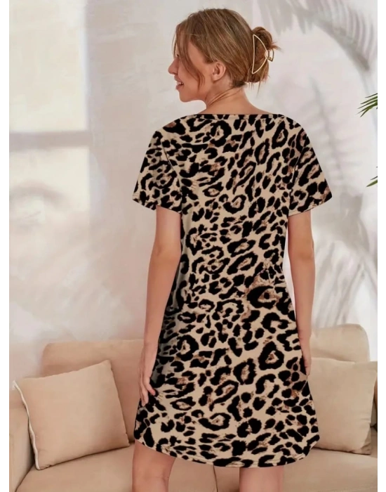 Kadın Kısa Kollu Bisiklet Yaka Leopa Desen Süprem Elbise