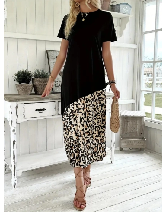 Kadın Kısa Kollu Bisiklet Yaka Leopar Detaylı Midi üst Viskon Alt Süprem Elbise