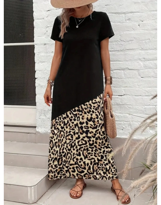 Kadın Kısa Kollu Bisiklet Yaka Leopar Detaylı Midi üst Viskon Alt Süprem Elbise