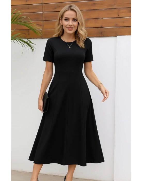 Kadın Kısa Kollu Bisiklet Yaka Maksi Boy Ithal Krep Elbise