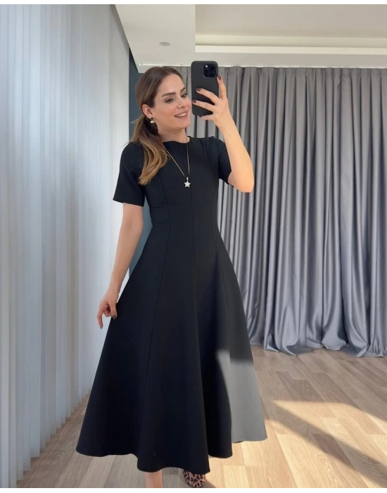 Kadın Kısa Kollu Bisiklet Yaka Maksi Boy Ithal Krep Elbise