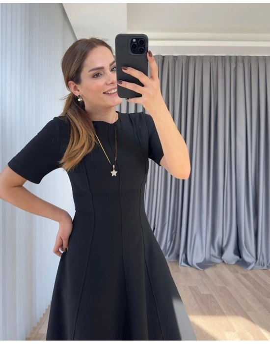 Kadın Kısa Kollu Bisiklet Yaka Maksi Boy Ithal Krep Elbise